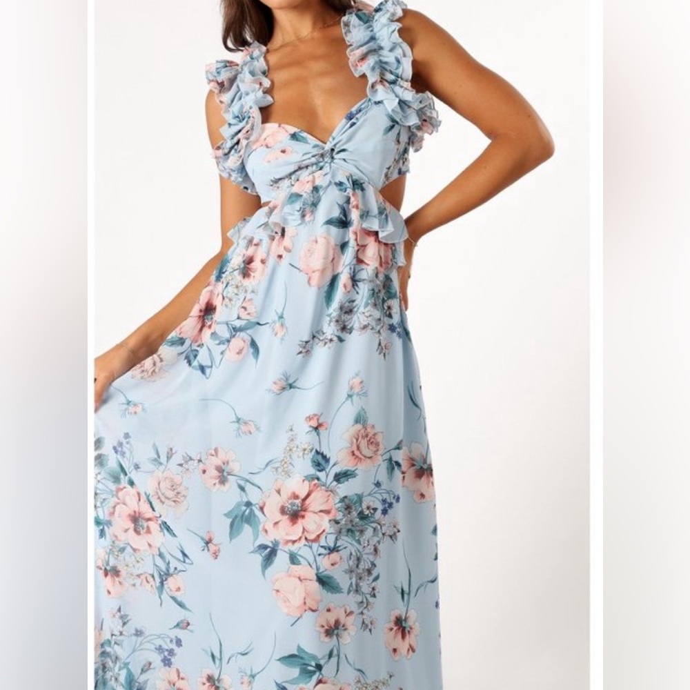Petal and pup lucah blue floral frill maxi dress size large L NWT